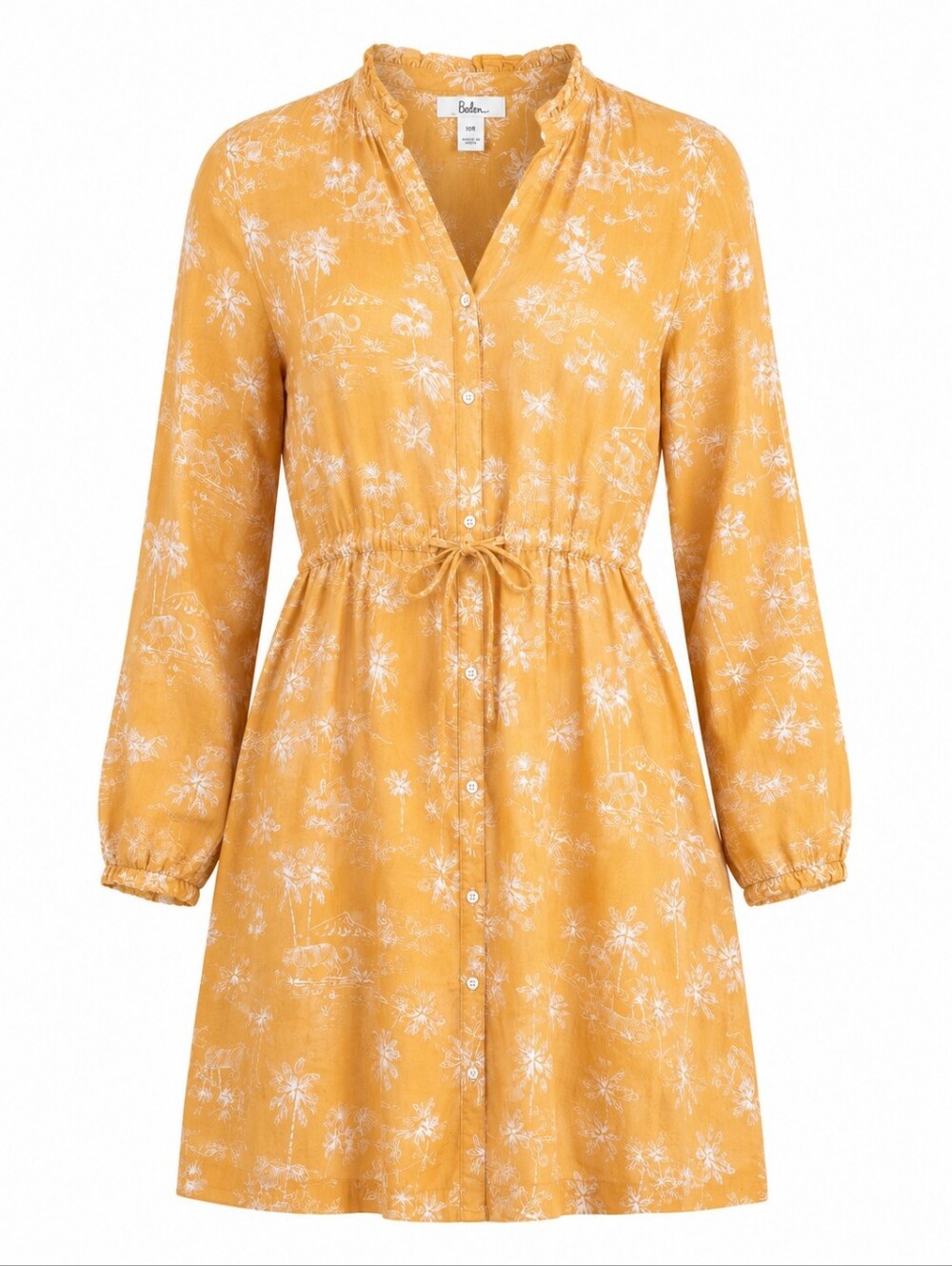 H&M Linen Cotton Blend Button-Front Orange Floral Tiger Drawstring Waist Dress